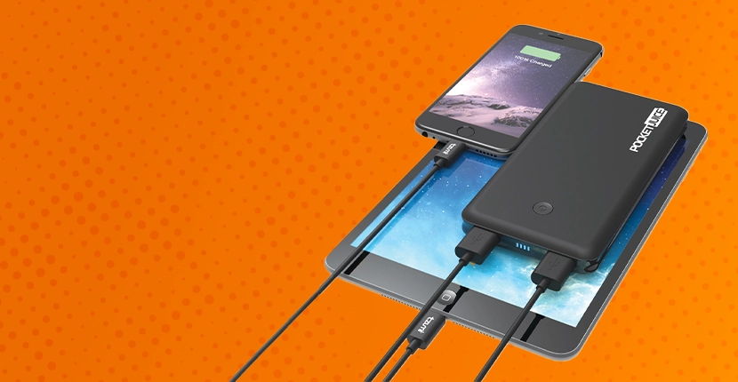 Phone and Tablet plugged into a Portable Charger
