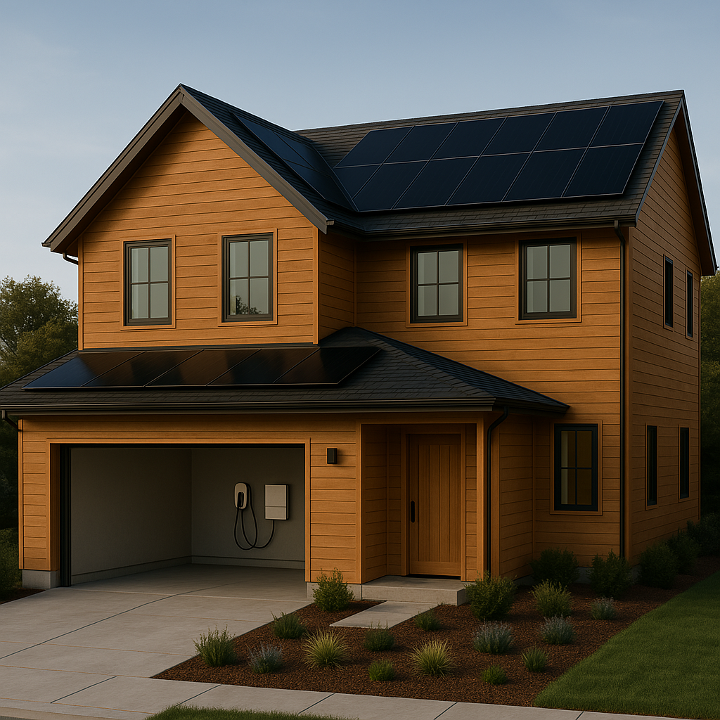 Brown house with the garage open, and a battery backup in side
