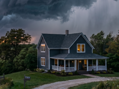 Blue house with white trim with severe weather behind it