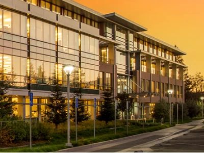 Office building with rooms lit up