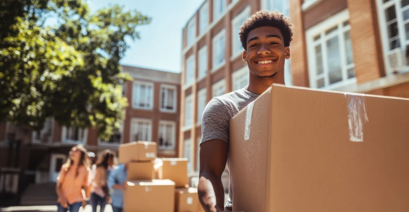 People carrying boxes into their dorm