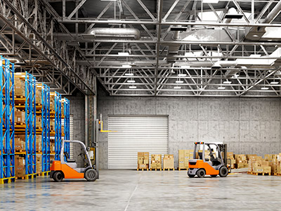 warehouse with 3 forklifts