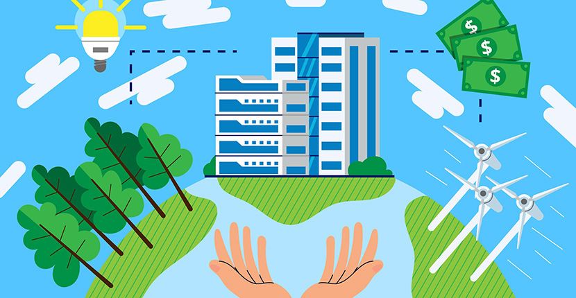 Infographic - trees to light bulb to building to money to wind turbine