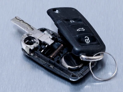 Key fob open showing the battery