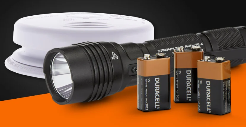 Smoke detector, flashlight and batteries