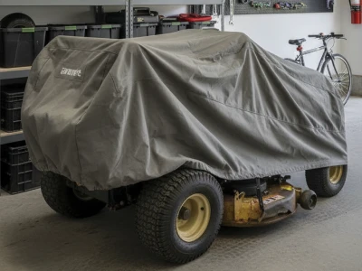 Riding lawn mower in storage