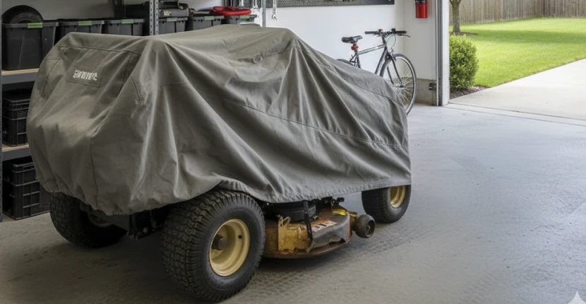 Riding lawn mower in storage